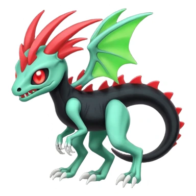 Obsidian-black and neon-glowing-green skeletal Meloetta-Salandit-Gorebyss-Salazzle-Pokémon-Fakémon-creature-fusion-hybrid with glowing crimson-red evil slit eyes sticker