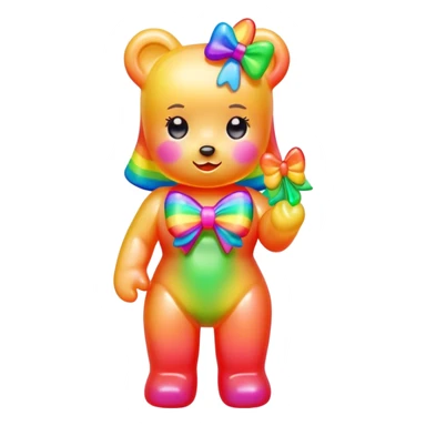 A neon rainbow girl gummy bear with bow sticker