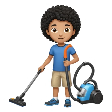 Emoji to encourage kids to do chores - should contain something about house chores, ok replace the broom with a vaccum make it atheltic boy 8 years old - egyptian with curly hair sticker