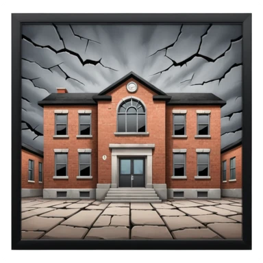 A broken/abandoned school with cracks and dust  with no back ground in an abandoned place with a blackish greyish sky  sticker