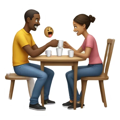 An emoji of a family—mother, father, and child—sitting at a table, playing a cup game with paper cups arranged on the table as they have fun together sticker