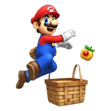 mario bouncing off a picnic basket with +XP sticker