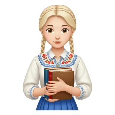 Young Ukrainian librarian wearing a traditional white embroidered vyshyvanka shirt holding books sticker