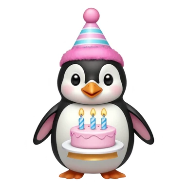 cute penguin  hold a birthday cake in both arms with pink birthday hat sticker