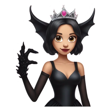 low cut back black evening gown with see-through gloves, Jenna Ortega as Addams woman prom queen wearing a mini tiara, very large blood  pink evil-looking horned old dragon companion sticker