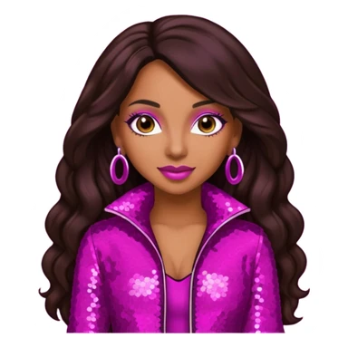 Mya, R&B Singer with dark brown long hair, meganta sequin outfit sticker
