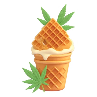 gelato in a waffle cup with cannabis leaf sticker