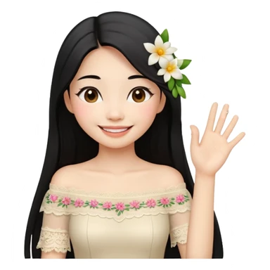 beautiful happy Thai woman with long straight black hair, fair skin, smiling gently while doing Thai greeting gesture (wai), wearing a cream lace off-shoulder blouse, hair decorated with flowers, pastel background, emoji style illustration sticker