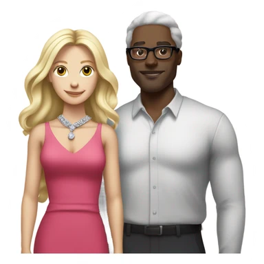 “white blond long hair woman in pink dress and diamond necklace standing with black man with glasses wearing a red shirt sticker