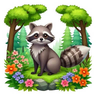 raccoon and a fox among a colorful forest with vibrant green trees, bushes and flowers. The animals are in the foreground, surrounded by a lush, bright forest, with soft sunlight filtering through the leaves. A playful and wild scene with a transparent background. sticker