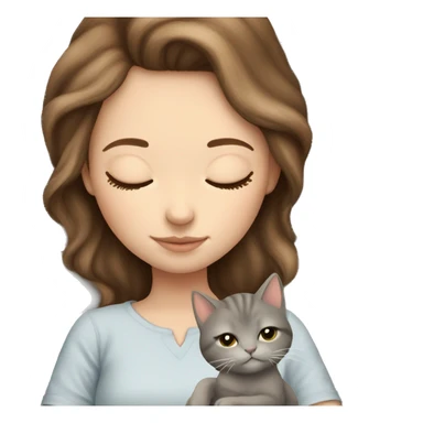 White girl brown hair sleeping with light grey kitten sticker