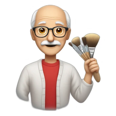 smiling old man who doesn't have much hair anymore, wearing a big gray mustache, glasses and a red shirt. he is holding an artist's palette and a paintbrush sticker