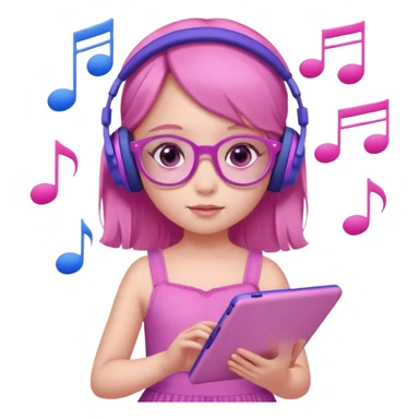 Little girl with purple headphones when pink eyes and pink iPad and pink dreamy background and rose colored glasses and blue music notes around her and pink dress sticker