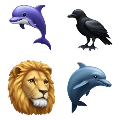 Dolphin, lion, raven emoji sticker