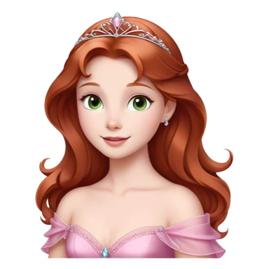 Cinematic Radiant Sleeping Beauty Portrait Emoji, rendered in a realistic, vector style with clean proportions. Show Aurora with a gentle smile, porcelain skin, and beautifully styled auburn hair, wearing her classic pink gown. The image glows with a soft, inviting radiance and high shine, accentuated by a soft glowing outline that enhances her graceful charm. sticker