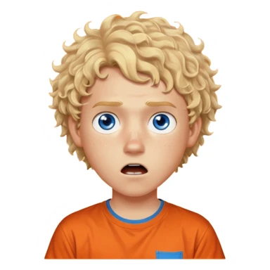 teenage boy with curly blond hair and blue eyes with freckles wearing an orange “Camp Halfblood” tshirt with the official percy jackson camp halfblood logo on it have hime doing a shocked face sticker