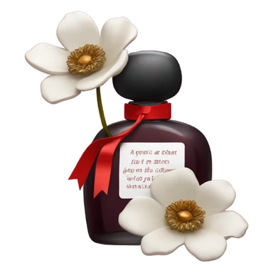 Dark red romantic perfume bottle with red anemones and a silk red ribbon sticker