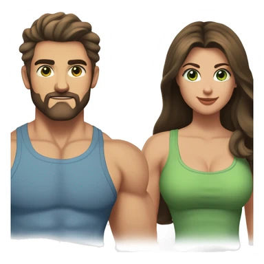 A pretty long dark-haired woman with an olive green tank top large breasts and green eyes next to a handsome muscular man with short brown hair, a thin salt and pepper beard blue eyes and a blue muscle shirt sticker