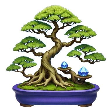 Futuristic wild glowing space alien moss maples shohin Bonsai hair-pine-leaf group multi faceted intricate crystalline inspired boxwood purple blue informal rocky cliffhanger eight trees forest planting in shallow willow slab style pot with big animal-like feet  sticker