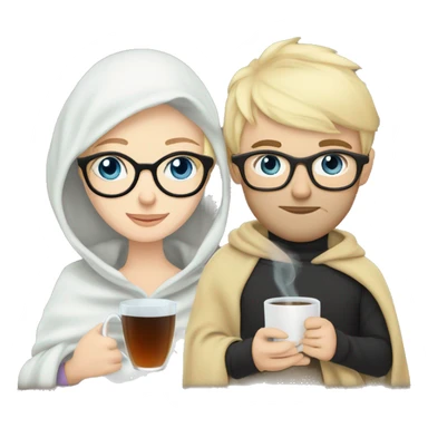 Pale blonde girl with blue eyes wearing glasses and pale man with short black hair and beard drinking tea under a blanket sticker