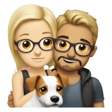  blonde girl without glasses and a white boy with glasses, a little Beard and moustache, both cuddling a jack Russell sticker