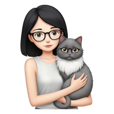 Skinny woman with oval glasses, shoulder length straight black hair, wearing white sleeveless top, hugging a grey Persian-Angora cat, plain background sticker