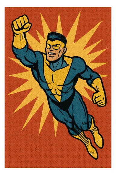 invincible superhero character wearing a blue and yellow suit, dynamic flying pose, comic book style sticker