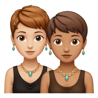 Fair skin and caramel colored besties with brown hair pixie cuts wearing jewelry  both brown hair  sticker