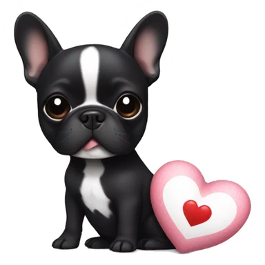 Black french bulldog with a tiny white mark on chest. Holding a heart pillow  sticker