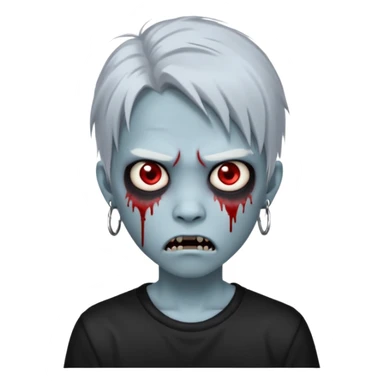 Create a 3D emoji-style avatar with very pale blue-grey zombie skin like the reference image, a young Asian face, and large eyes with blood tears. Give it white mullet hair style , silver hoop earrings, and a plain black T-shirt. The face expression should be slightly angry, with vampire fang  sticker