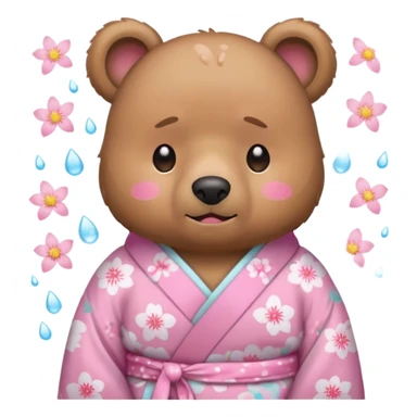 A cute light-brown bear wearing a pastel pink sakura-patterned kimono, normal balanced body ratio.  
Crying heavily with big teardrops streaming down the face, trembling lips and watery eyes.  
Kawaii emoji style, minimalistic clean sticker illustration, white background. sticker