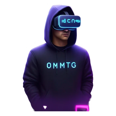 Russian man wearing a black hoodie with "OMG" letters on it and VR headset in a cyberpunk VR environment with violet neon lighting. sticker