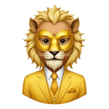 a old man, with a Yellow suit,  wear half-face golden Lion masquerade mask sticker