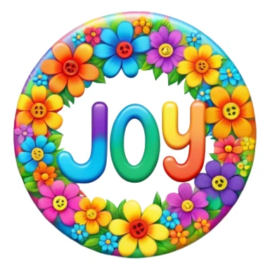 A round psychedelic colored button that says joy with rainbow colored hippie style flowers sticker