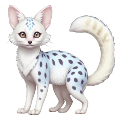 White Albino frosty snow-white whitish pastel-grey-spotted Serval-Civet-Genet-Trico-Furret-Linoone-Noibat-Espeon-Fakémon-Pokémon-animal-hybrid-fusion-creature (full body) with vibrant glowing eyes, cute, elegant, soft, realistic, pastel fur sticker