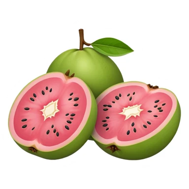 A guava cut in half showing pink flesh and white seeds sticker