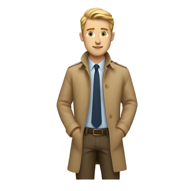 White Young man with a tan detective coat behind his laptop opened sticker