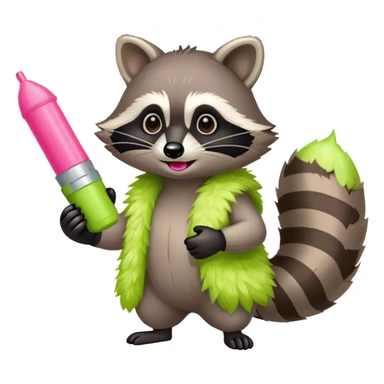 Raccoon wearing a lime green boa holding pink pepper spray sticker