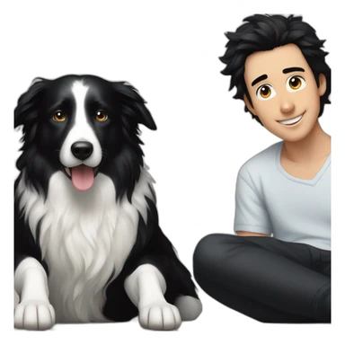 aa family photo of a 30 year old boy with long black hair next to a black and white border collie sticker