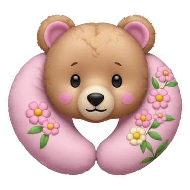 pink teddy bear, floral neck pillow with pastel flowers, iPhone emoji style, iconic emoji look sticker