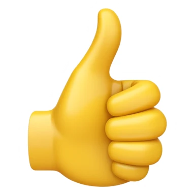 Apple-style 3D illustration of a single yellow emoji hand giving a thumbs up gesture, glossy and rounded, centered on a clean white background, soft shadow underneath, isolated and minimal design sticker