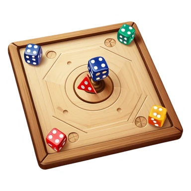 A photorealistic icon featuring a wooden board with a variety of game pieces, dice, a spinning top, and a set of colorful tokens. The design includes a rich, detailed texture of the board and game pieces, capturing the fun and strategy of different tabletop games. Transparent background. sticker