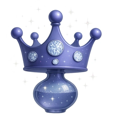 Edit the crown to become a small, elegant elixir bottle while keeping the crown shape and color #7986cb. The bottom merges into a bottle/flask shape. Add silver and holographic details with magical sparkles. The bottle should have a very small neck, seamless bottom, floating in air, transparent background, no base or shadow, modern style, luxury collection style. sticker
