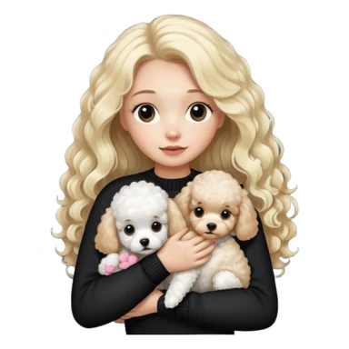 blonde girl with long hair in a black sweater holds a Poodle puppy in her arms sticker