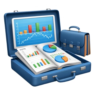 An open book with a graph and financial charts, a briefcase, a calculator, and a laptop nearby. The icon should represent the world of business, finance, and professional growth. Blue color scheme. sticker
