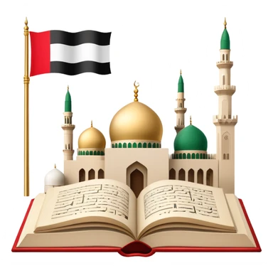 An icon featuring the mosque and the flag of United Arab Emirates, symbolizing the Arabic language. The design includes an open book with Arabic script and calligraphy, representing language learning and cultural heritage. Transparent background sticker