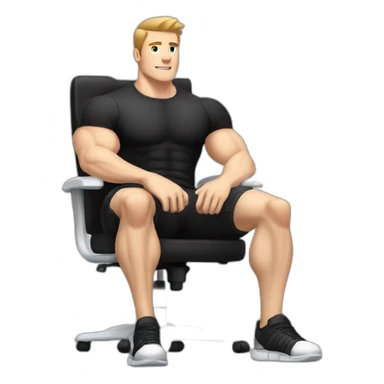 Pale skinned Fit Man With the biceps and dark brown hair in black shirt, gray sports shorts and white Sneakers Sitting on a chair sticker