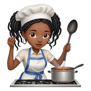 A dark-skinned Black woman with black box braids, wearing an apron, stirring a pot on the stove. sticker