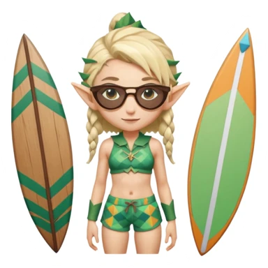 elf female legolas portrait, patterned board shorts (geometric/abstract), unique wooden-framed sunglasses, undercut hairstyle, slight smirk, visible pointy ears, no background, centered emoji, hipster summer vibe coctails sticker