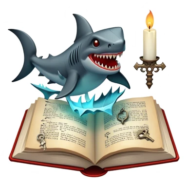 Icon for Horror & Mystery Reading: an open book with eerie glowing symbols, from which rise Dracula with fangs, flying bats, a zombie hand, and a lurking shark with sharp teeth. Surrounding elements include a flickering candle and an old key. Transparent background. sticker
